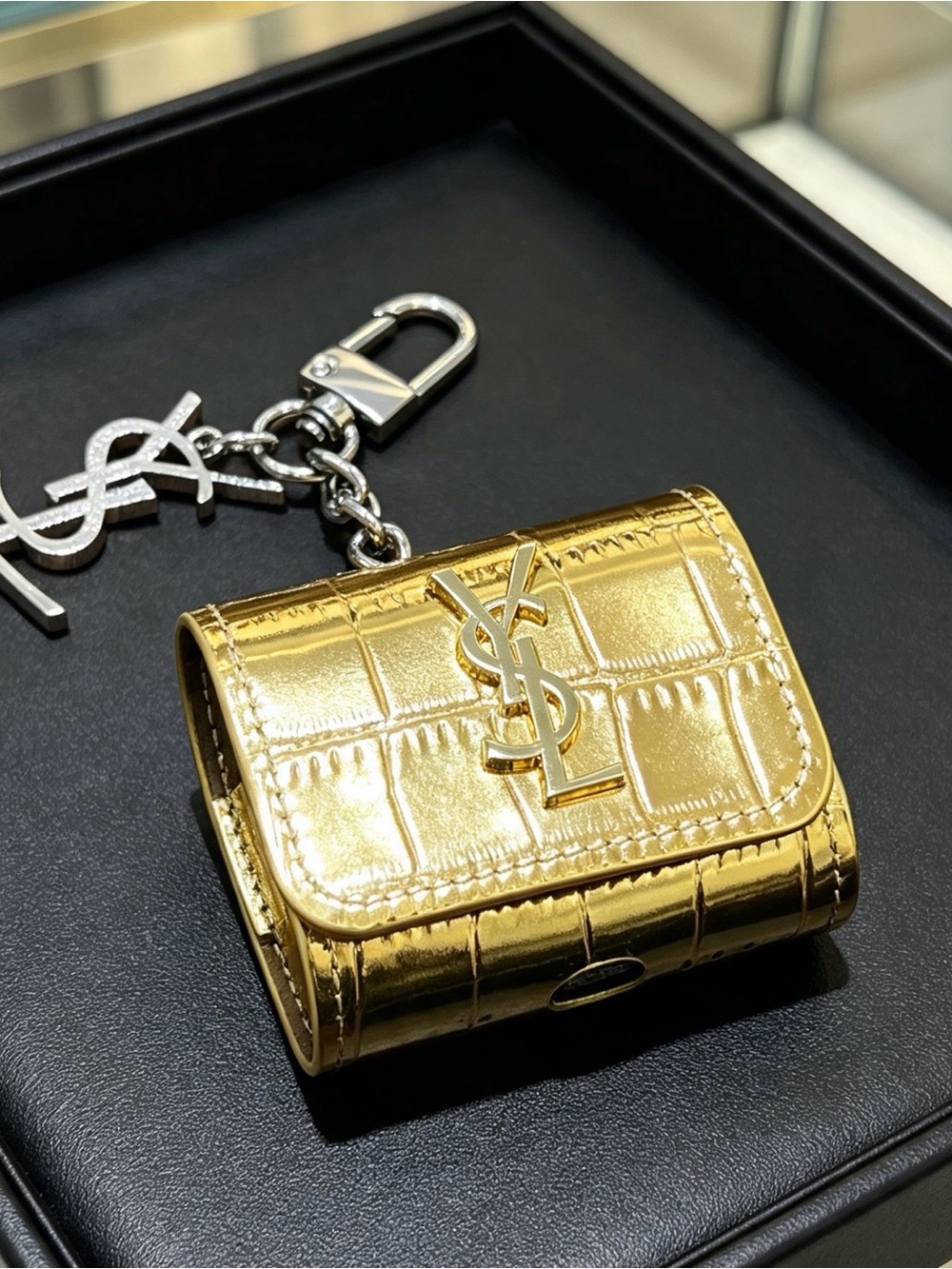 Yves Saint Laurent Metallic Gold Croc-Embossed Key Pouch with Monogram Charm